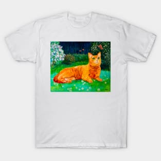 Ginger cat in spring garden T-Shirt